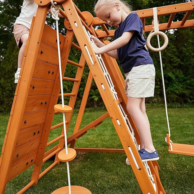 Avenlur 8-in-1 Small Indoor/Outdoor Playset ? Foldable Wooden Kids Play Set for Backyard ? Kid Playground for Toddlers Age 2?6 with Slide, Monkey Bars, 2 Ladders, 2 Swings, Rock Climbing, Gym Rings