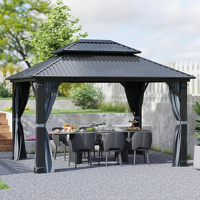 10'x12' Hardtop Gazebo, Outdoor Double Roof Galvanized Steel Gazebo, Aluminum Frame Permanent Pavilion with Curtains & Netting for Backyard, Patio, Deck (Galvanized Steel Top, 10x12 FT)
