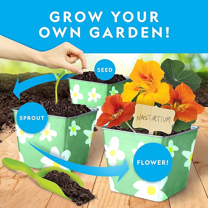 National Geographic Flower & Herb Gardening Kit for Kids - Gardening Set with 3 Stainless Steel Pots, Paint & Stickers, Kids Plant Growing Kit