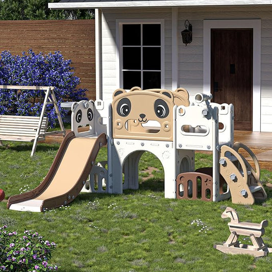 9-in-1 Toddler Slide and Climber Set Indoor Outdoor Slide Playset for Kids Age 1-8, Freestanding Backyard Playground with RNG Toss, Basketball Hoop,Telescope, Storage Space