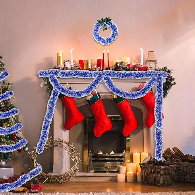 50FT Blue White Christmas Tinsel Garland Metallic Twist Shiny Christmas Tree Decorations, Xmas Holiday Hanging Garland for Home Mantle Stair Indoor Outdoor Holiday Decor Party Supplies - Blue White