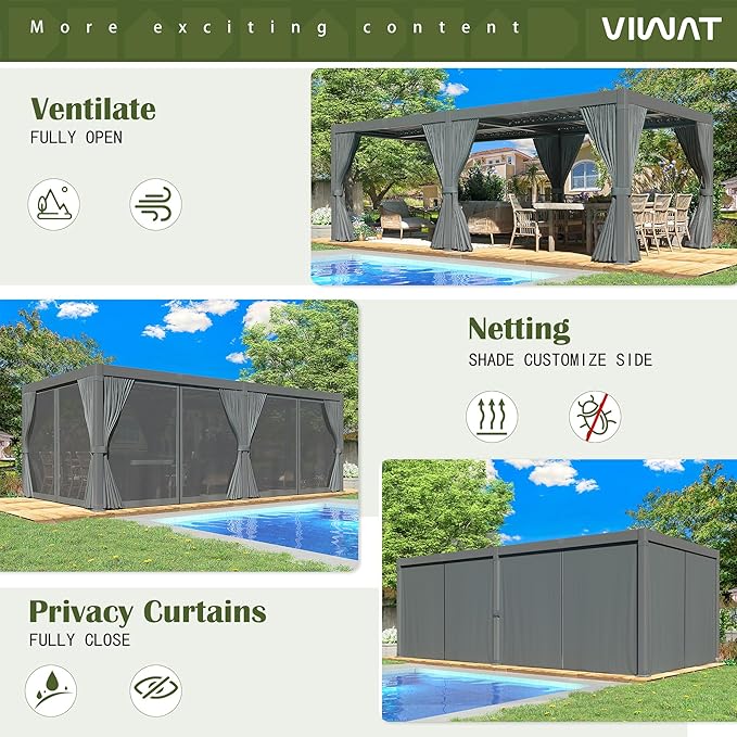 VIWAT Aluminum 10x20 FT Louvered Pergola, Outdoor Pergola with Adjustable Louvered Roof Outdoor Patio Shade Cover, Waterproof & Rustproof Aluminum Gazebo for Backyard and Garden, Gray