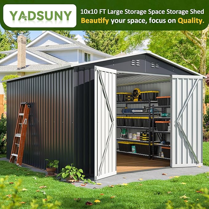 10x10 FT Outdoor Storage Shed, Metal Garden Tool Shed with Updated Frame Structure and Lockable Doors, Ideal for Backyard Garden Patio Lawn, Grey