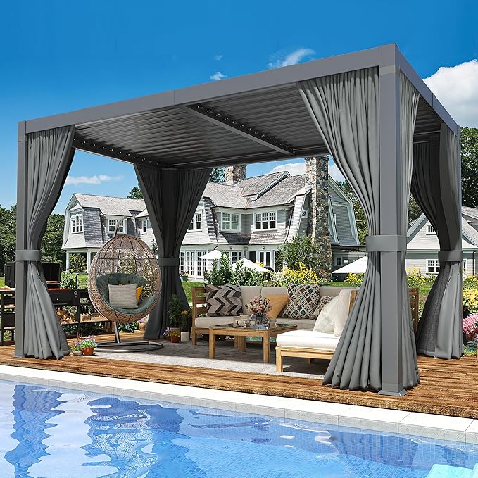 Pergola 10x12 Ft Louvered Pergola, Aluminum Outdoor Pergolas W/Adjustable Roof, Waterproof Curtains and Nets. Outdoor Gazebo for Deck,Patio,Backyard and Garden