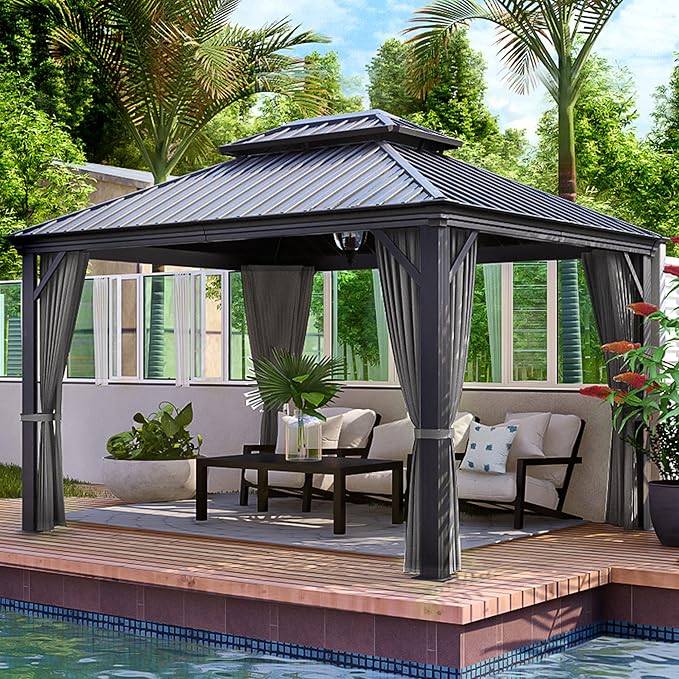 HAPPATIO 10' x 12' Hardtop Gazebo with Netting and Curtains, Double Roof Permanent Patio Metal Gazebo Canopy for Patio, Deck, Backyard （Gray）