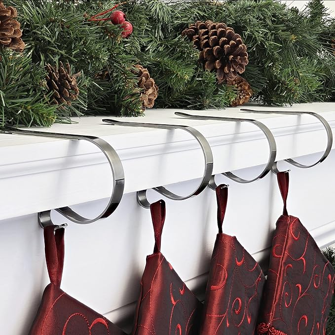 Haute Decor The Original MantleClip - 4 Pack (Brushed Nickel) - Hang Christmas Stockings Safely and Securely from Mantels Up to 3 Inches Thick