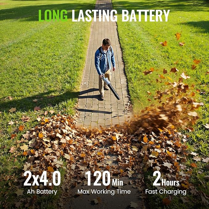 Leaf Blower Cordless, 680CFM Leaf Blowers with 2 x 4.0Ah Batteries & Charger, 5-Speed Brushless Motor, Lightweight Snow Blower Grass Blowers for Lawn Care, Patio, Yard, Blows Leaves, Snow