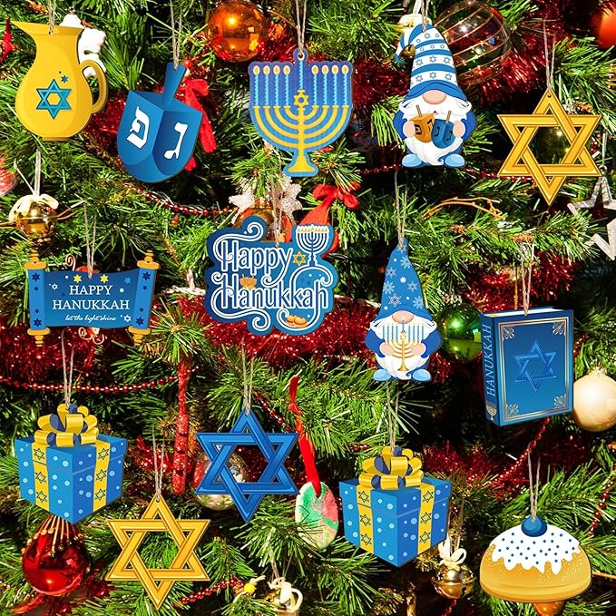 Qunclay 36 Pcs Hanukkah Ornaments Chanukah Wooden Hanging Ornament Star of David Menorah Gnome Happy Hanukkah Wood Pendant Blue Yellow Jewish Home Decorations for Christmas Tree Party Decor