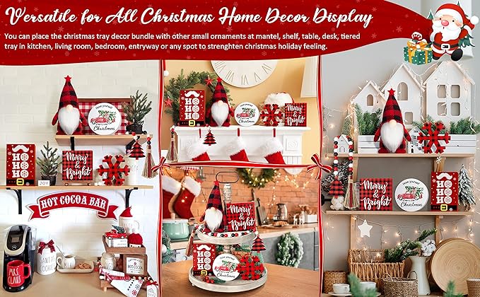 Christmas Tiered Tray Decor 6 PCS Xmas Decorations for Home - Xmas Table Decor Wooden Signs & Buffalo Plaid Gnome Plush Set - Farmhouse Christmas Tray Decoration Kitchen Table Mantel