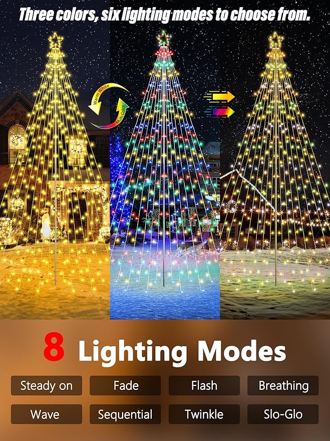 Flacchi 16 FT 664 LED Star String Lights Outdoor - Pole Set with Remote, Multiple Lighting Modes, Timer, and Waterproof Feature for Ultimate Holiday Decor (Warm White & Multicolor)