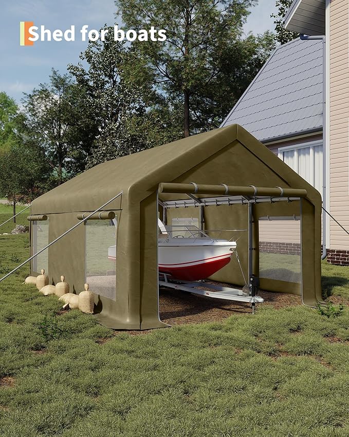 13X20 FT Portable Carport Garage with Roll-Up Windows & Doors, Heavy-Duty 200g PE Tarp, Waterproof & UV Protected Outdoor Shelter for Car, Boat, Truck, Motorcycle