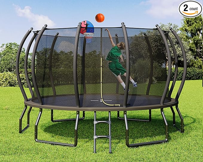 8FT 10FT 12FT 14FT 16FT Trampoline with Pop-up Quick Connector and Basketball Hoop, Trampoline Outdoor with Enclosure, Ladder, ASTM Approval for Kids and Adults