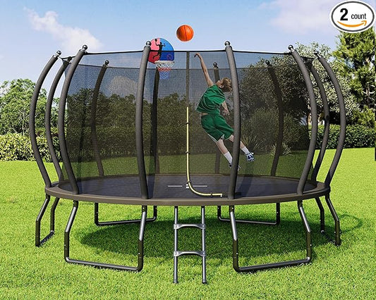8FT 10FT 12FT 14FT 16FT Trampoline with Pop-up Quick Connector and Basketball Hoop, Trampoline Outdoor with Enclosure, Ladder, ASTM Approval for Kids and Adults