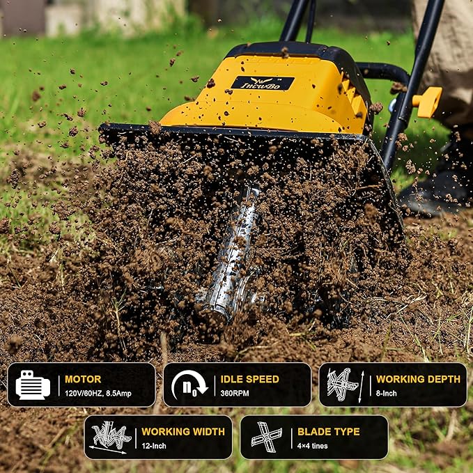 8.5AMP 12Inch Corded Tiller Cultivator 8-inch Depth Rototillers for Gardening, 360RPM Electric Garden Tiller with LT-201D Socket