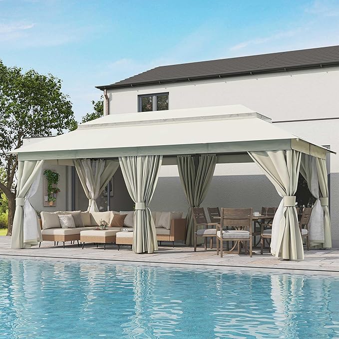 LAUSAINT HOME 10x20ft Outdoor Patio Gazebo with Double Roof, Heavy Duty Waterproof Gazebo Canopy Tent with Mosquito Netting for Backyard, Garden, Lawn & Wedding, Cream White