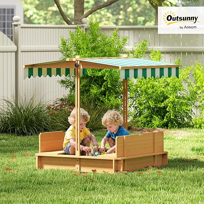 Outsunny Wooden Sandbox with Lid, Kids Sandbox with Canopy Outdoor, Sand Box with Foldable Bench Seats and Sand Protection, Bottom Liner Included, Kids Gift for Aged 3-7, 47X47 in, Brown