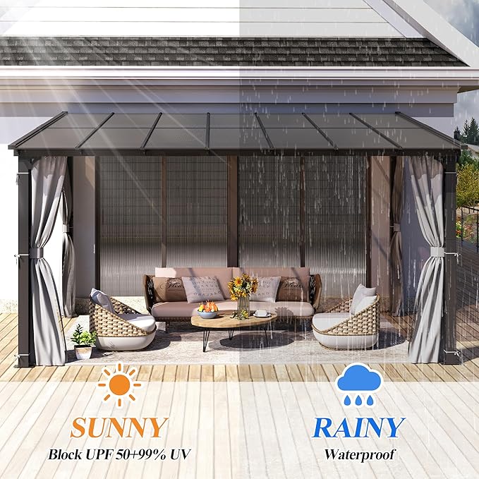 GARTOO 10’ x 13’ Gazebo for Patio - Aluminum Lean to Gazebos Pergola with Sloping Roof, Outdoor Wall-Mounted Canopy Awnings to House for Patio, Garden, Lawn, Backyard Deck