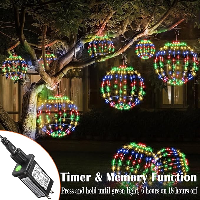 Joomer 2 Pack Christmas Ball Lights, 13IN & 11IN Foldable Metal Sphere Light, Connectable Waterproof 8 Modes with Timer, Hanging Tree Globe Lights for Holiday Christmas Decorations (Multicolor)
