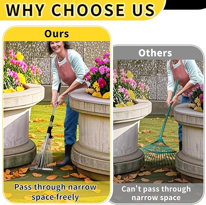 2 Pack Garden Rake for Leaves,Heavy Duty Metal Adjustable Leaf Rake for Lawns,Long Handle 33-69 with Expandable Head 8-15,Garden Tools for Yard Lawn Shrub Garden Beds