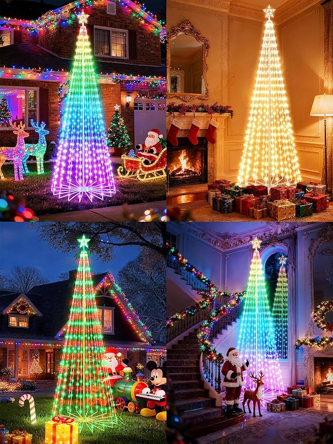 Flacchi Smart Christmas outdoor Tree Lights - 8.8FT Star Tree Topper with Removable Bracket, App Control, Sync with Music, Waterfall Colored Lights for Holiday Outdoor Decorations (8.8FT/ Rope Lights)