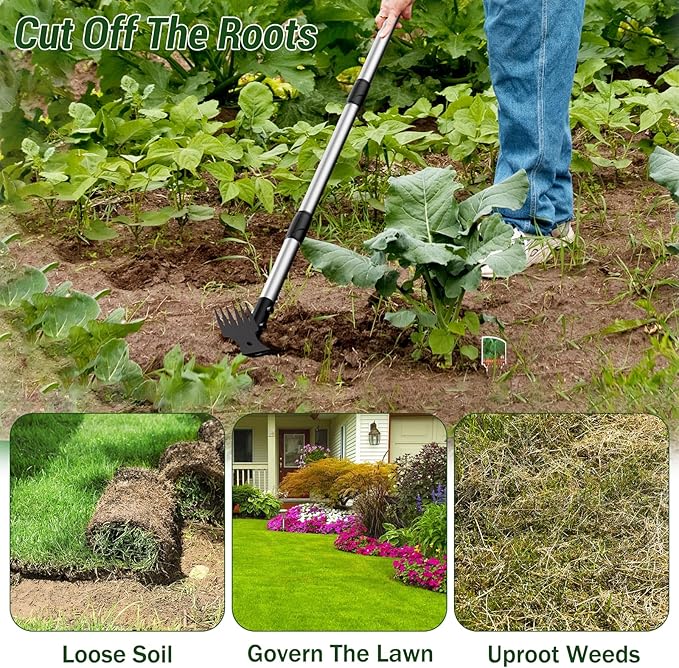Weed Puller Tool with Long Handle ? 2-in-1 Handle Garden Hoe and Weed Rake, Hoe Garden Tool for Home Gardens, Lawns, and Yards