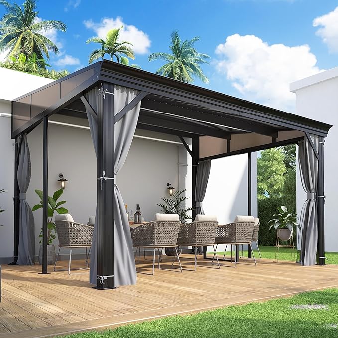 COVERONICS 10' X 12' Outdoor Lean to Gazebo - Wall-Mounted Aluminum Frame Gazebo with Slope Metal Roof, Patio Heavy-Duty Lean to Pergola with Netting & Curtains for Garden, Backyard, Deck