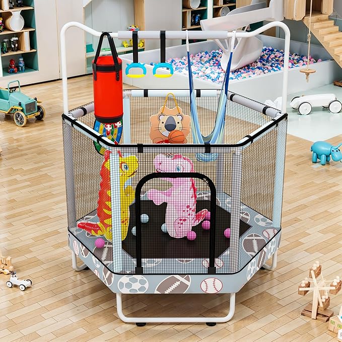 LAMERGE 55" 7-in-1 Round Trampoline for Kids Boys & Girls Ages 1-8, Indoor & Outdoor Trampoline for Fun, Adjustable Height Handrail ＆ Enclosed Safety Net ＆ Durable Designs for Toddlers Children