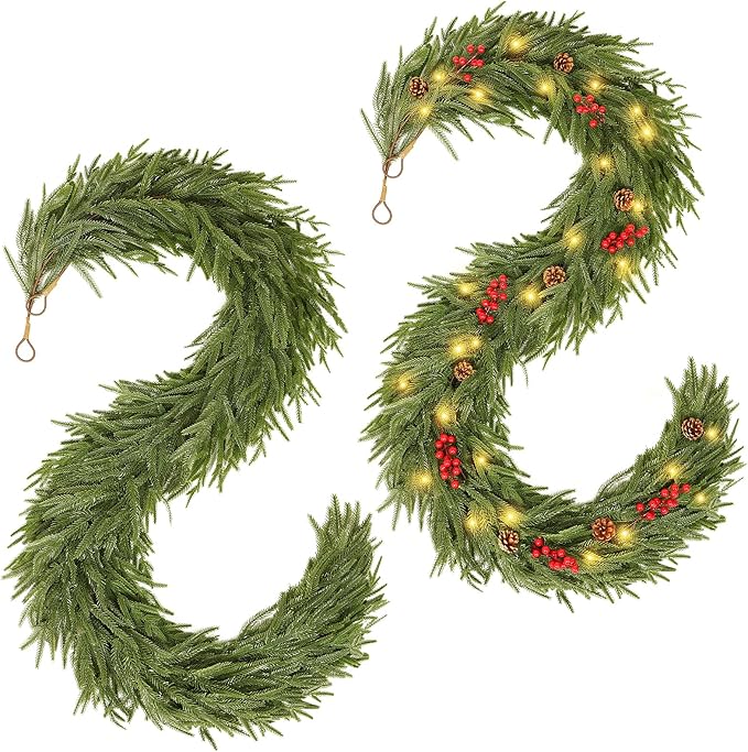 2 PCS 6FT Artificial Norfolk Pine Garlands - Real Touch Winter Pine Garland, Green Artificial Greenery Garland for Mantle, Table, Wall, Indoor & Outdoor Fireplace Christmas Decorations