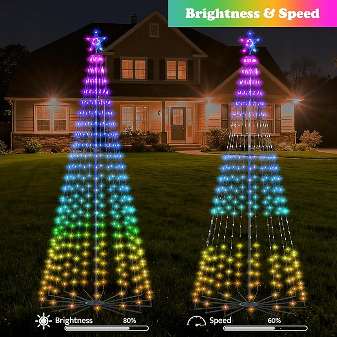8FT Lighted Outdoor Christmas Tree, 340 LED Smart Cone Tree, Music Sync RGB Fairy Lights, LED Light Show, APP and Remote Control, Timer Function, Perfect for Outdoor Christmas Decorations