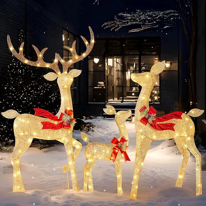 JOYIN Outdoor Christmas Decorations for Yard, 3 Pcs Lighted Christmas Deer Family Set, 3 4 5FT Warm White LED Lights Christmas Yard Decor, 3D Reindeer with Ground Stakes for Lawn Garden Porch Holiday