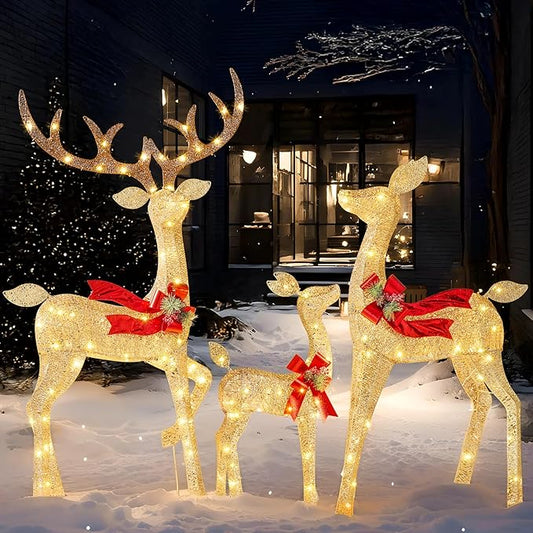 JOYIN Outdoor Christmas Decorations for Yard, 3 Pcs Lighted Christmas Deer Family Set, 3 4 5FT Warm White LED Lights Christmas Yard Decor, 3D Reindeer with Ground Stakes for Lawn Garden Porch Holiday