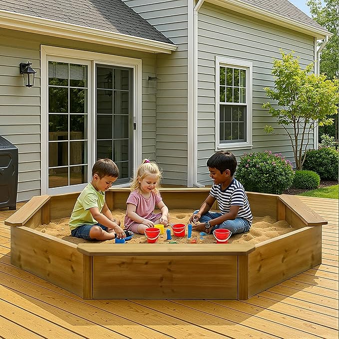 68x68x8.4 Kid's Octagonal Wooden Outdoor Sandbox,Large Natural Wooden Sandpit with 4 Benches, Bottom Liner,Sand Box for Backyard, Patio, Outdoor Play Sand Box for Kids Ages 4-8