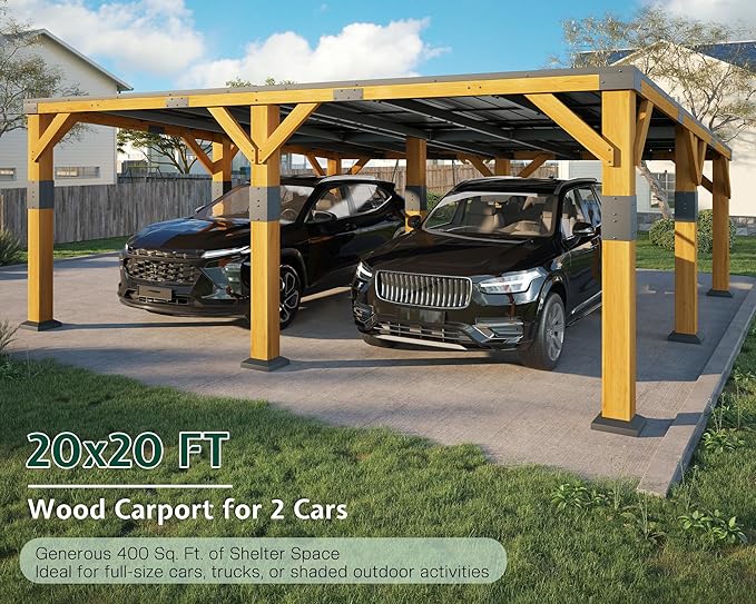 Jocisland 20x20x9.2 FT Cedar Wood Carport for 2 Cars, Heavy Duty Canopy Carport with Sloped Galvanized Steel Roof for All Weather, Permanent Shelter for Boats, Full-Sized Pickup Trucks & Tractors