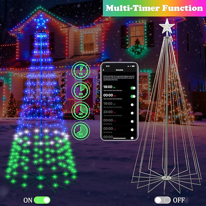 7FT Lighted Outdoor Christmas Tree, 295 LED Smart Cone Tree, Music Sync RGB Fairy Lights, LED Light Show, APP and Remote Control, Timer Function, Perfect for Outdoor Christmas Decorations