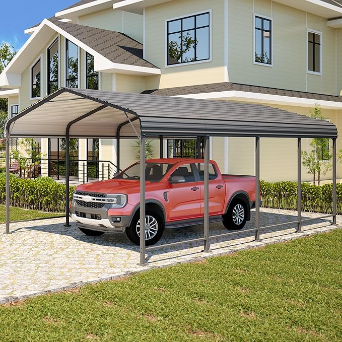 Wisteria Lane 12x20FT Metal Carport, Heavy Duty Carport Canopy with Reinforced Frame and Base for All-Weather, Outdoor Garage Car Port for Boats, Tractors, Pickup Trucks or Party, Dark Gray