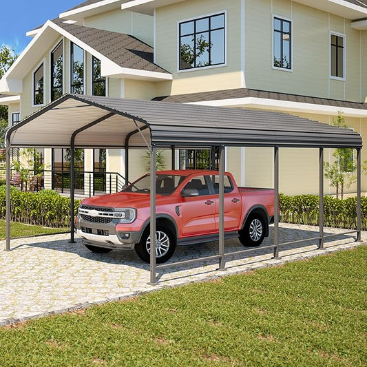 Wisteria Lane 12x20FT Metal Carport, Heavy Duty Carport Canopy with Reinforced Frame and Base for All-Weather, Outdoor Garage Car Port for Boats, Tractors, Pickup Trucks or Party, Dark Gray
