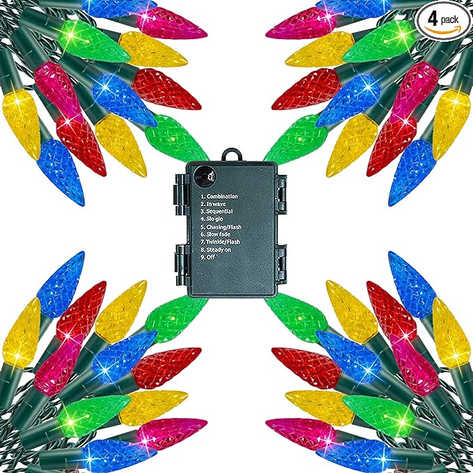 Dazzle Bright C6 Battery Operated Christmas Lights, 4 Pack Total 200LED 68FT Multi-Colored Lights with 8 Modes, Waterproof Christmas Decorations for Xmas Indoor Outdoor Yard Tree House Decor