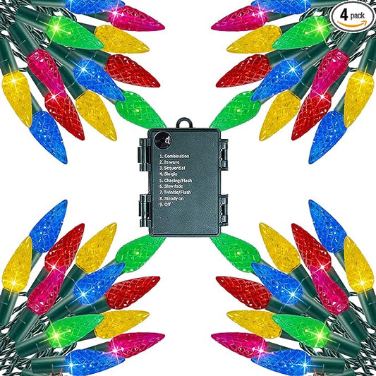Dazzle Bright C6 Battery Operated Christmas Lights, 4 Pack Total 200LED 68FT Multi-Colored Lights with 8 Modes, Waterproof Christmas Decorations for Xmas Indoor Outdoor Yard Tree House Decor