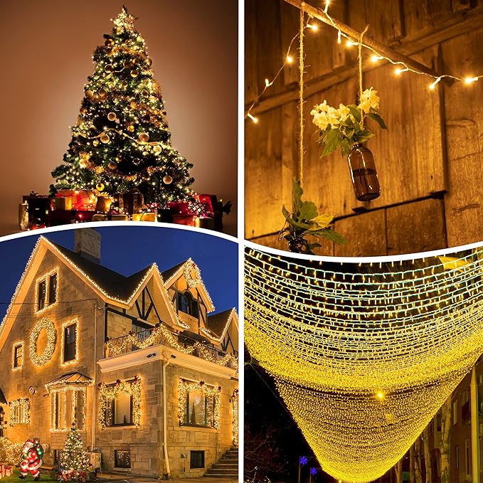 kemooie 500 LED Christmas Lights, 164FT 8 Lighting Modes with Timer Plug in Waterproof String Lights for Outdoor Christmas Birthday Wedding Party Garden Balcony Decorations (Warm White)