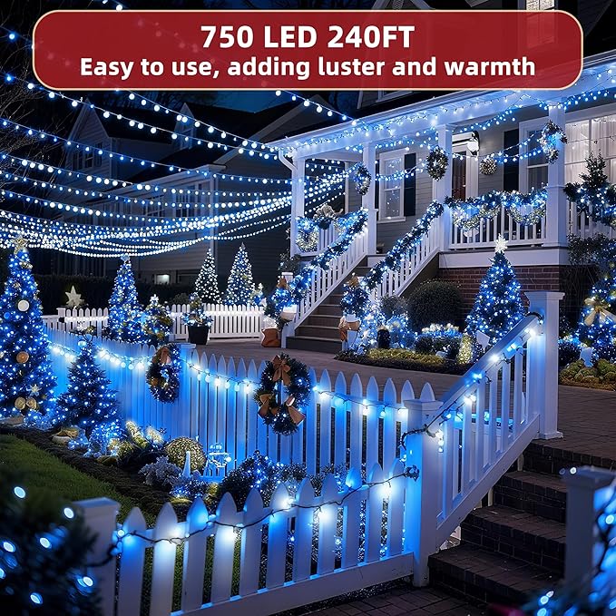 240ft Outdoor Christmas Lights, 750 LED Super Long String Lights 12 Modes & Timer Memory, Dimmable Outsite Waterproof Light Strings for Xmas Tree Garden Wedding Party Holiday Decorations Blue &White
