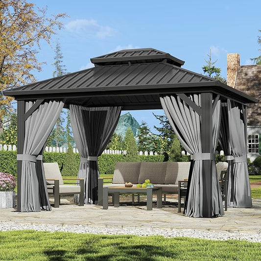 Aoxun 12'x10' Hardtop Gazebo, Aluminum Frame Permanent Pavilion with Curtains and Netting, Outdoor Galvanized Double Roof Canopy, Designed for Garden, Lawns, Patio