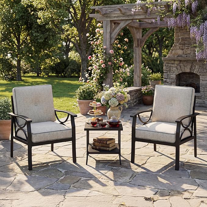 Outdoor Patio Furniture Set, 3 Pieces Metal Patio Conversation Set with Side Table for Garden Porch Backyard, Black