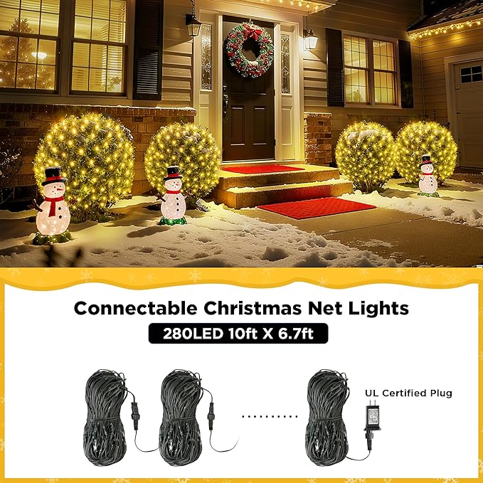 BlcTec Upgraded Outdoor Christmas Lights 280LED 10ft x 6.7ft Christmas Net Lights with UL Certified, 8 Modes, Timer, Connectable, Waterproof & Thick Wire for Bushes, Shrubs Decorations, WarmWhite