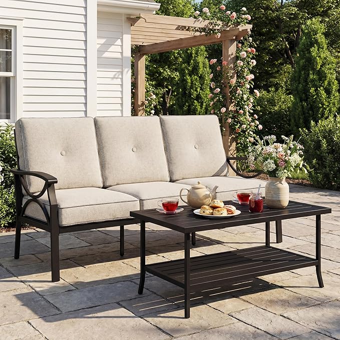 3 Seats Outdoor Patio Furniture Set, Outdoor Metal Sectional Furniture with Cushions, Outdoor Conversation Set with Coffee Table for Deck, Balcony, Backyard, Garden, Black