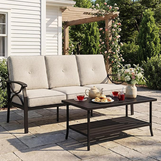 3 Seats Outdoor Patio Furniture Set, Outdoor Metal Sectional Furniture with Cushions, Outdoor Conversation Set with Coffee Table for Deck, Balcony, Backyard, Garden, Black