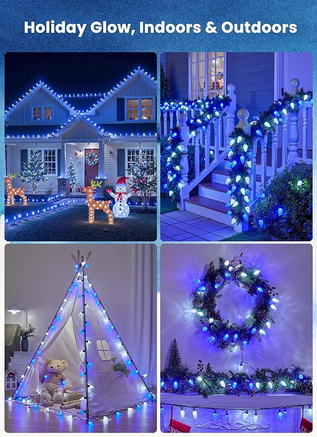 C9 LED Christmas Lights Outdoor, 81 Feet 100 LED String Lights with Timer & 8 Light Mode, Waterproof Connectable Christmas Tree Lights for Outside Indoor Roofline Patio, Blue & Pure White 2 Pack