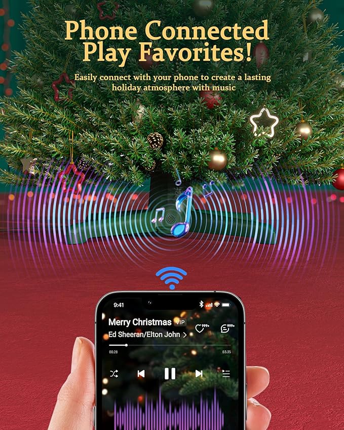 【Patent Pending】 Musical Rotating Christmas Tree Stand, UL Certified Up to 9ft 120 lb Artificial Christmas Tree with Speaker, Spinning Stand with Remote, Fit for 1.25-2" in Tree Poles - 800W