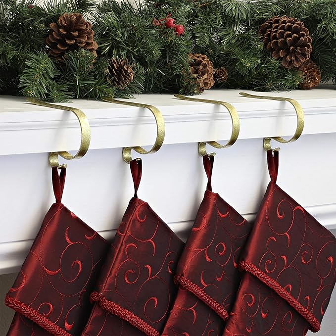Haute Decor The Original MantleClip Stocking Holder- 4 Pack (Gold Foil) - Hang Christmas Stockings Safely and Securely from Mantels Up to 3 Inches Thick