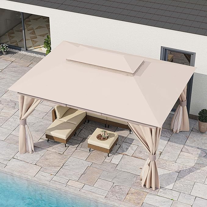 LAUSAINT HOME Semi-permanent Patio Gazebo 10'x13' with Expansion Bolts, Outdoor Heavy Duty Party Shelter with Double Roof, Mosquito Nets and Privacy Screens for Backyard, Garden, Lawn, Champagne Khaki