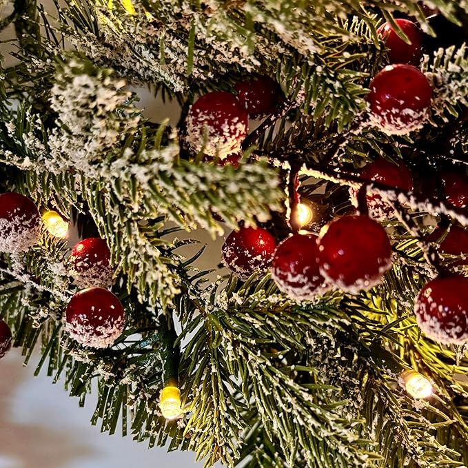 24" Prelit Christmas Wreath with LED Lights, Snow-Flocked Pine, Red Berries & Pine Cones, Holiday Front Door Decoration